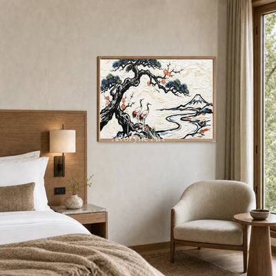 Pinewater Passage: White Crane and Mountain Landscape Wall Art — hotel wood