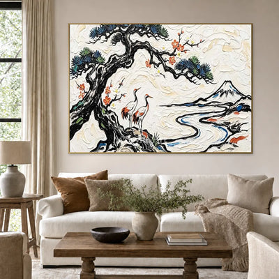 Pinewater Passage: White Crane and Mountain Landscape Wall Art — living gold
