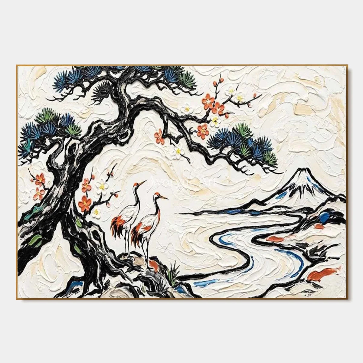 Pinewater Passage: White Crane and Mountain Landscape Wall Art — primary