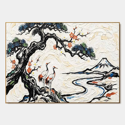 Pinewater Passage: White Crane and Mountain Landscape Wall Art — primary