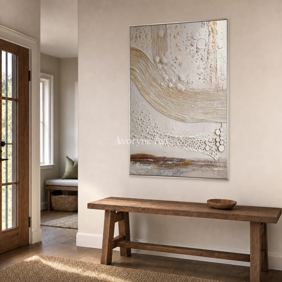 Quiet Strata: White Curved Ridge Abstract Wall Art — entry silver
