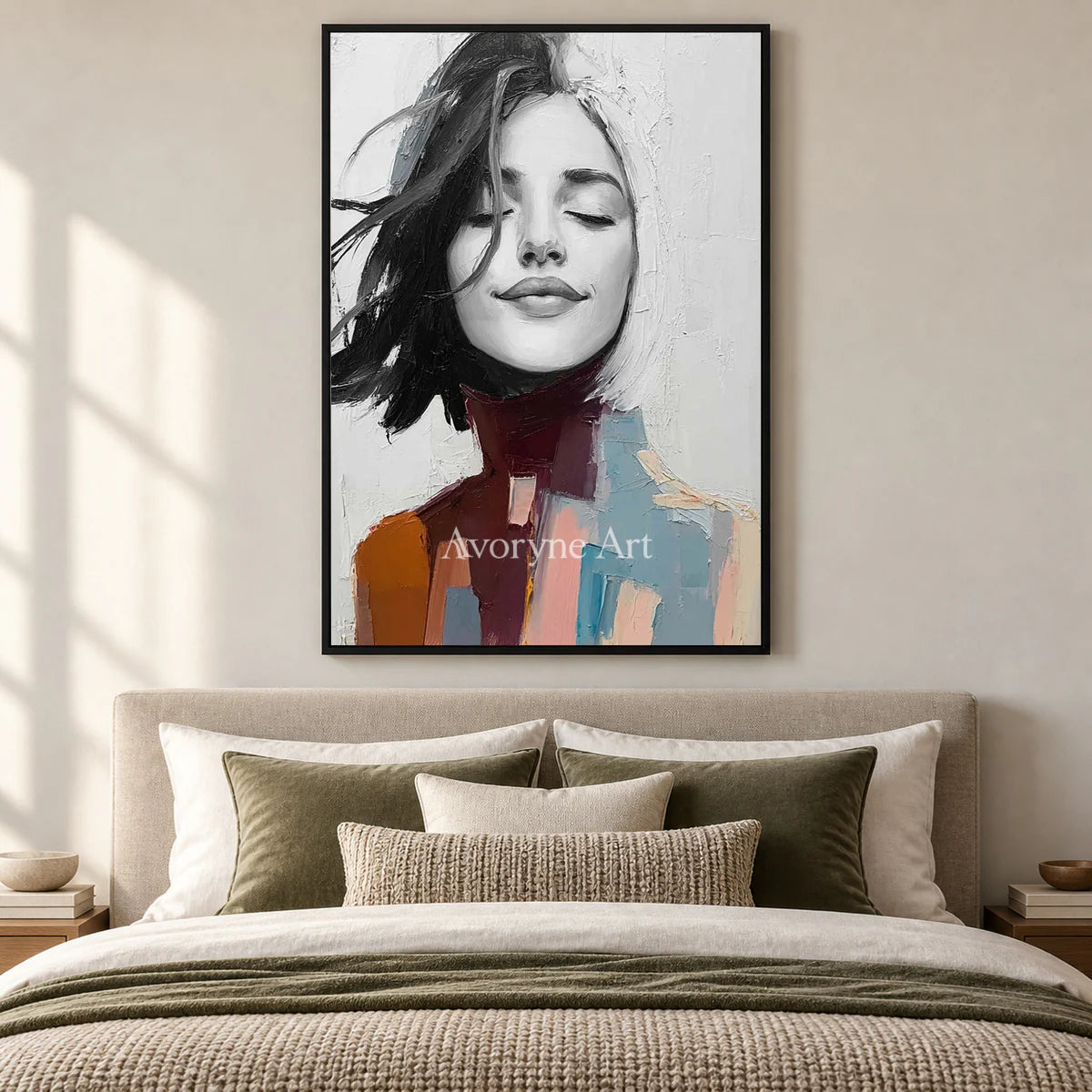 An Unhurried Breath: White Expressive Woman Portrait Wall Art — bedroom black