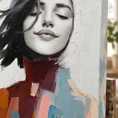 An Unhurried Breath: White Expressive Woman Portrait Wall Art — detail easel