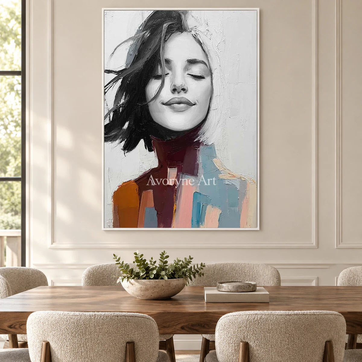 An Unhurried Breath: White Expressive Woman Portrait Wall Art — dining white