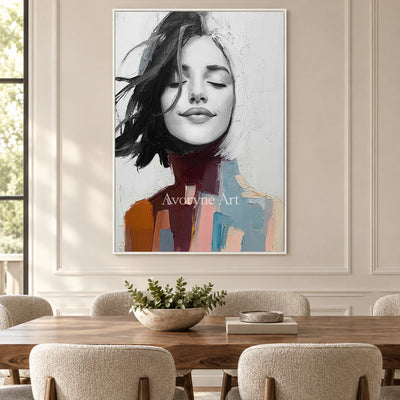 An Unhurried Breath: White Expressive Woman Portrait Wall Art — dining white
