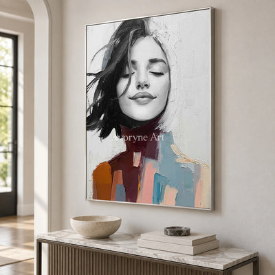 An Unhurried Breath: White Expressive Woman Portrait Wall Art — entry silver