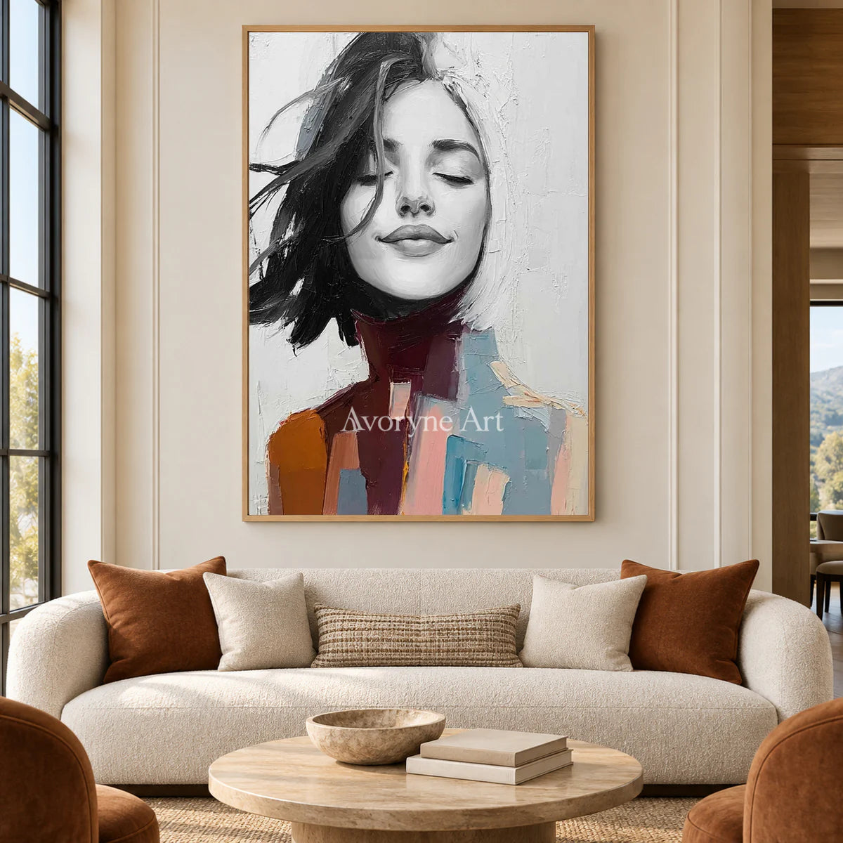 An Unhurried Breath: White Expressive Woman Portrait Wall Art — hotel wood