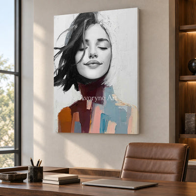 An Unhurried Breath: White Expressive Woman Portrait Wall Art — office frameless