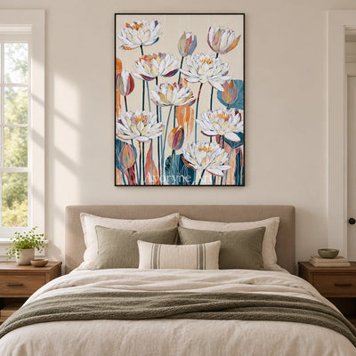 Ivory Tender Light: White Floral Art — bedroom black