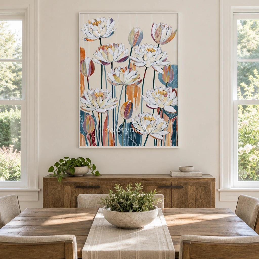 Ivory Tender Light: White Floral Art — dining white
