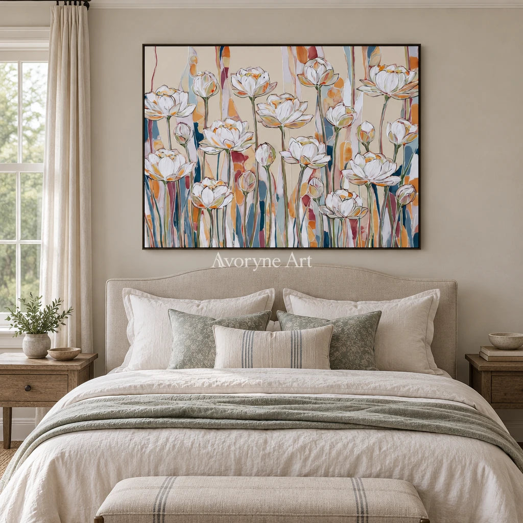 Ivory Tender Vista: White Floral Art — bedroom black