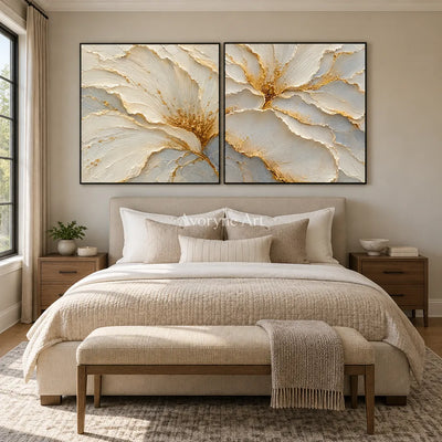 Gilded Bloom: White Floral Diptych Wall Art — bedroom black