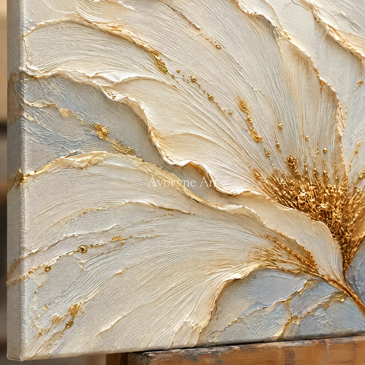Gilded Bloom: White Floral Diptych Wall Art — detail easel