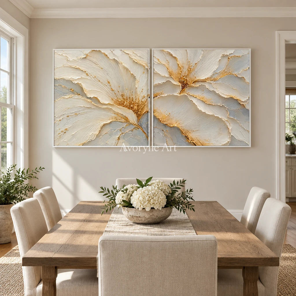 Gilded Bloom: White Floral Diptych Wall Art — dining white