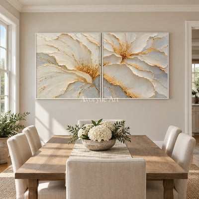Gilded Bloom: White Floral Diptych Wall Art — dining white