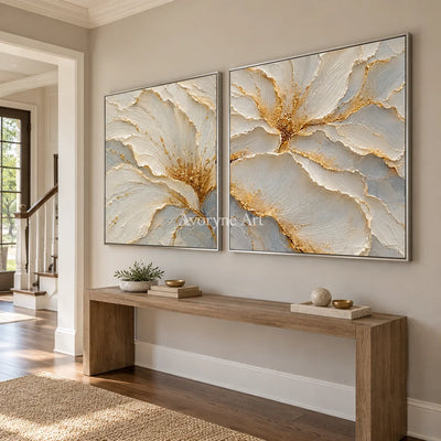 Gilded Bloom: White Floral Diptych Wall Art — entry silver