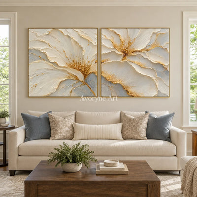 Gilded Bloom: White Floral Diptych Wall Art — living gold