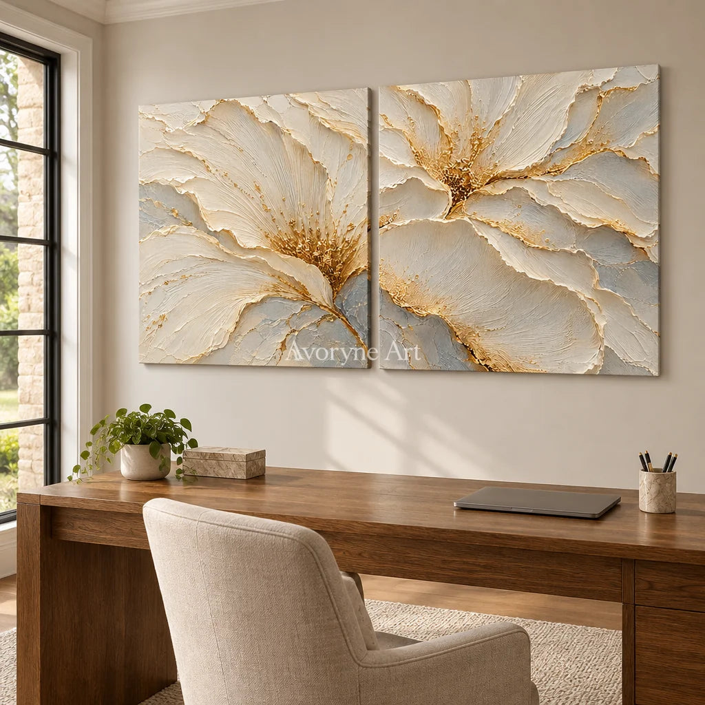 Gilded Bloom: White Floral Diptych Wall Art — office frameless