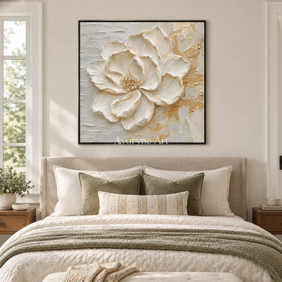 Aven Ivory Bloom: White Floral Impasto Wall Art — bedroom black