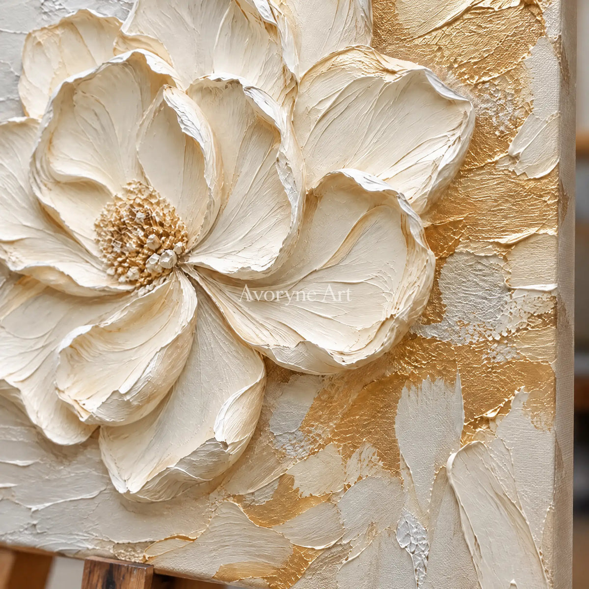 Aven Ivory Bloom: White Floral Impasto Wall Art — detail easel