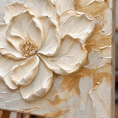 Aven Ivory Bloom: White Floral Impasto Wall Art — detail easel