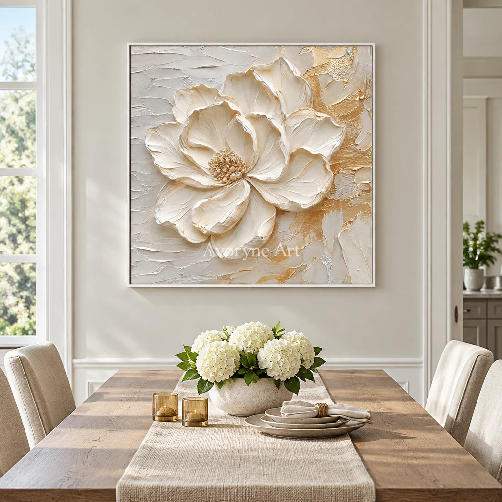 Aven Ivory Bloom: White Floral Impasto Wall Art — dining white