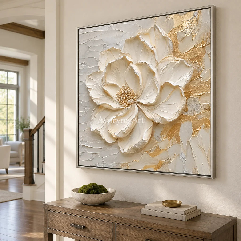 Aven Ivory Bloom: White Floral Impasto Wall Art — entry silver
