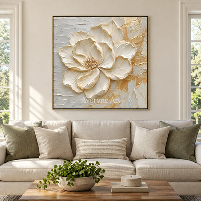 Aven Ivory Bloom: White Floral Impasto Wall Art — living gold
