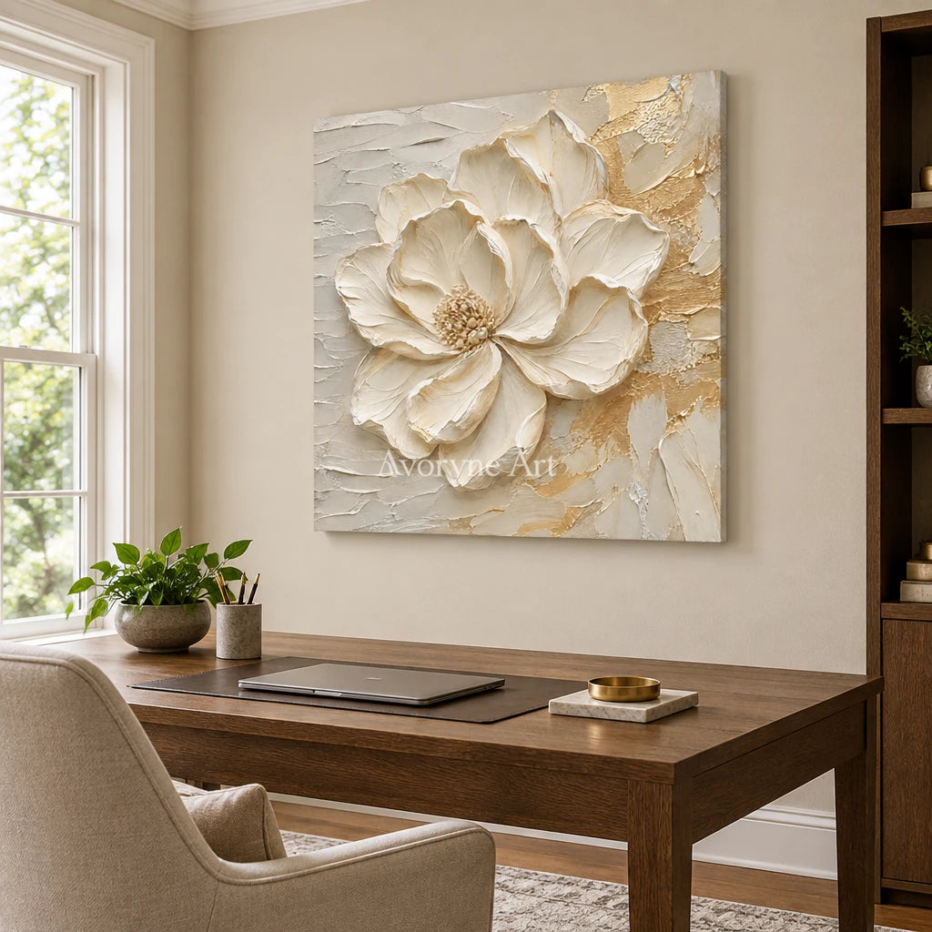 Aven Ivory Bloom: White Floral Impasto Wall Art — office frameless