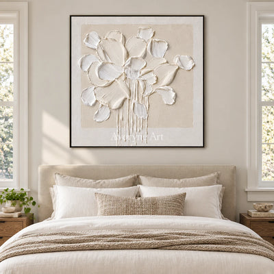 Chalk Bouquet: White Floral Impasto Wall Art — bedroom black