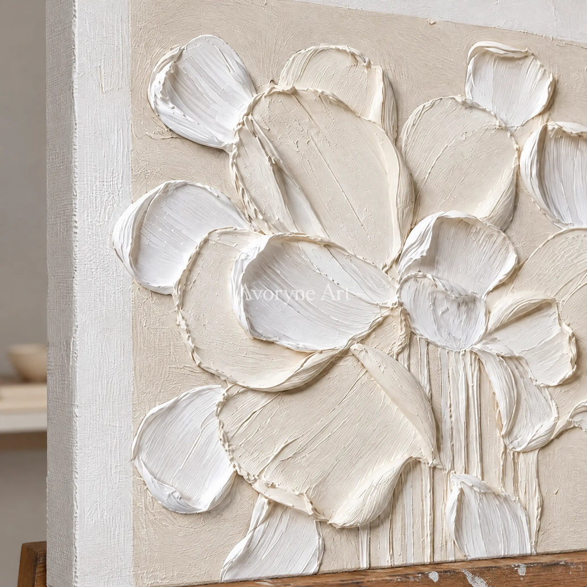 Chalk Bouquet: White Floral Impasto Wall Art — detail easel