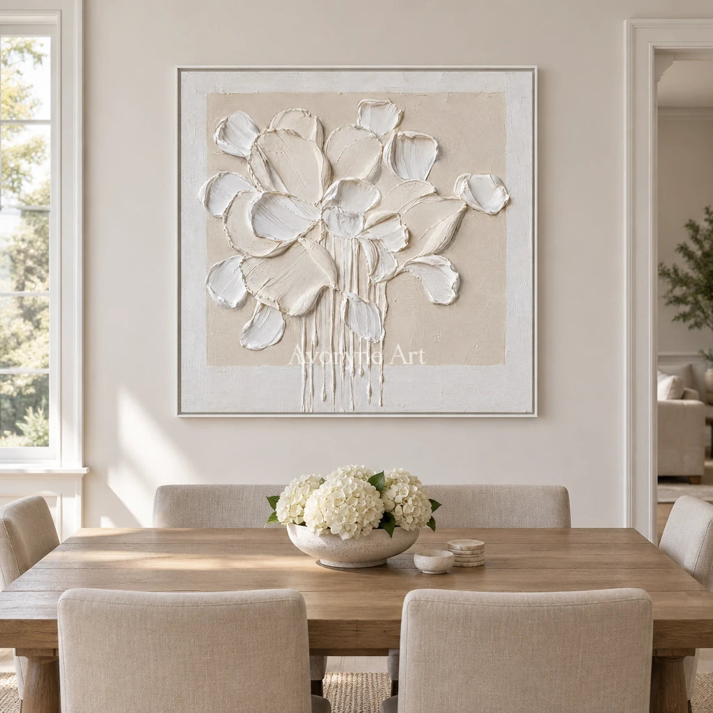 Chalk Bouquet: White Floral Impasto Wall Art — dining white