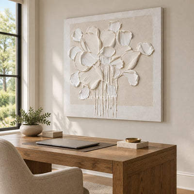 Chalk Bouquet: White Floral Impasto Wall Art — office frameless