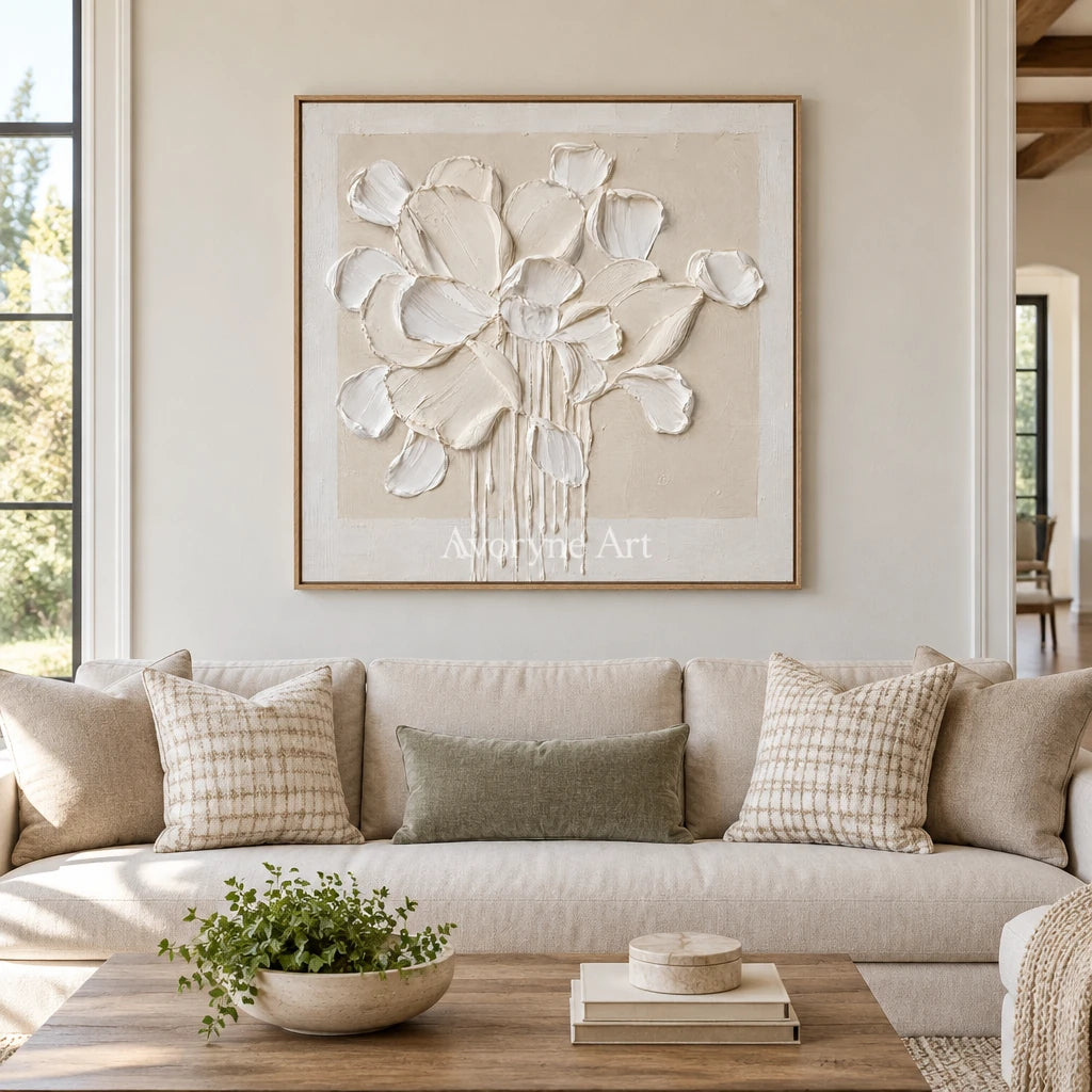 Chalk Bouquet: White Floral Impasto Wall Art — villa wood