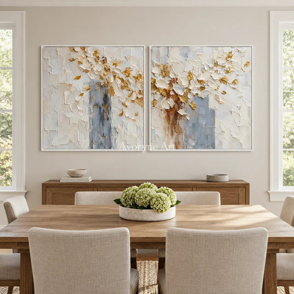 Gilded Petals: White Floral Texture Diptych — dining white