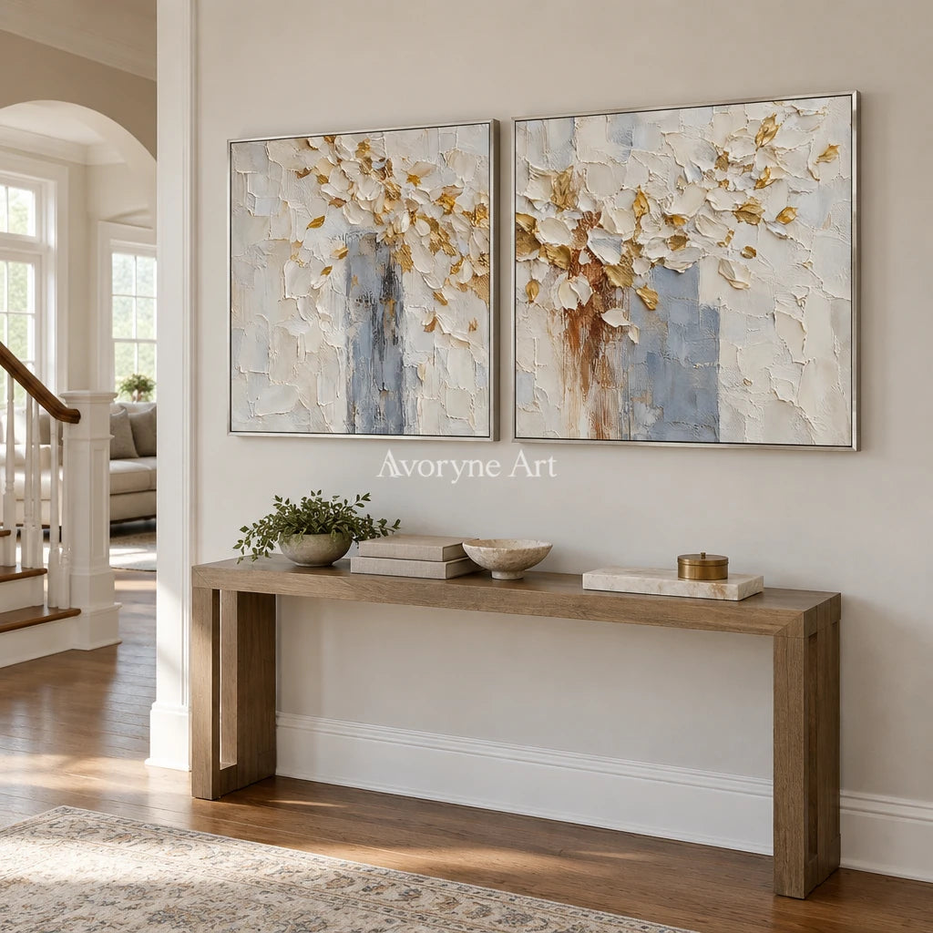 Gilded Petals: White Floral Texture Diptych — entry silver