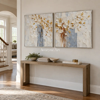 Gilded Petals: White Floral Texture Diptych — entry silver