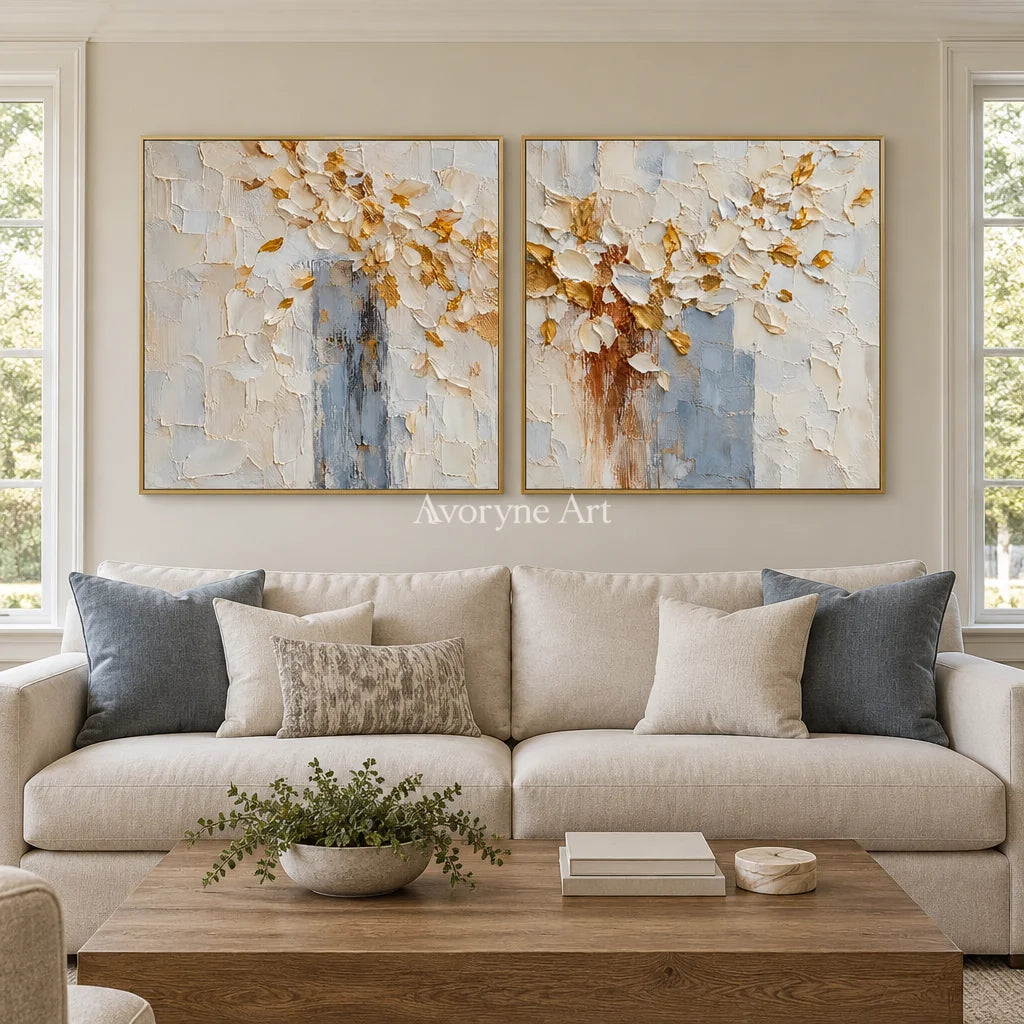 Gilded Petals: White Floral Texture Diptych — living gold