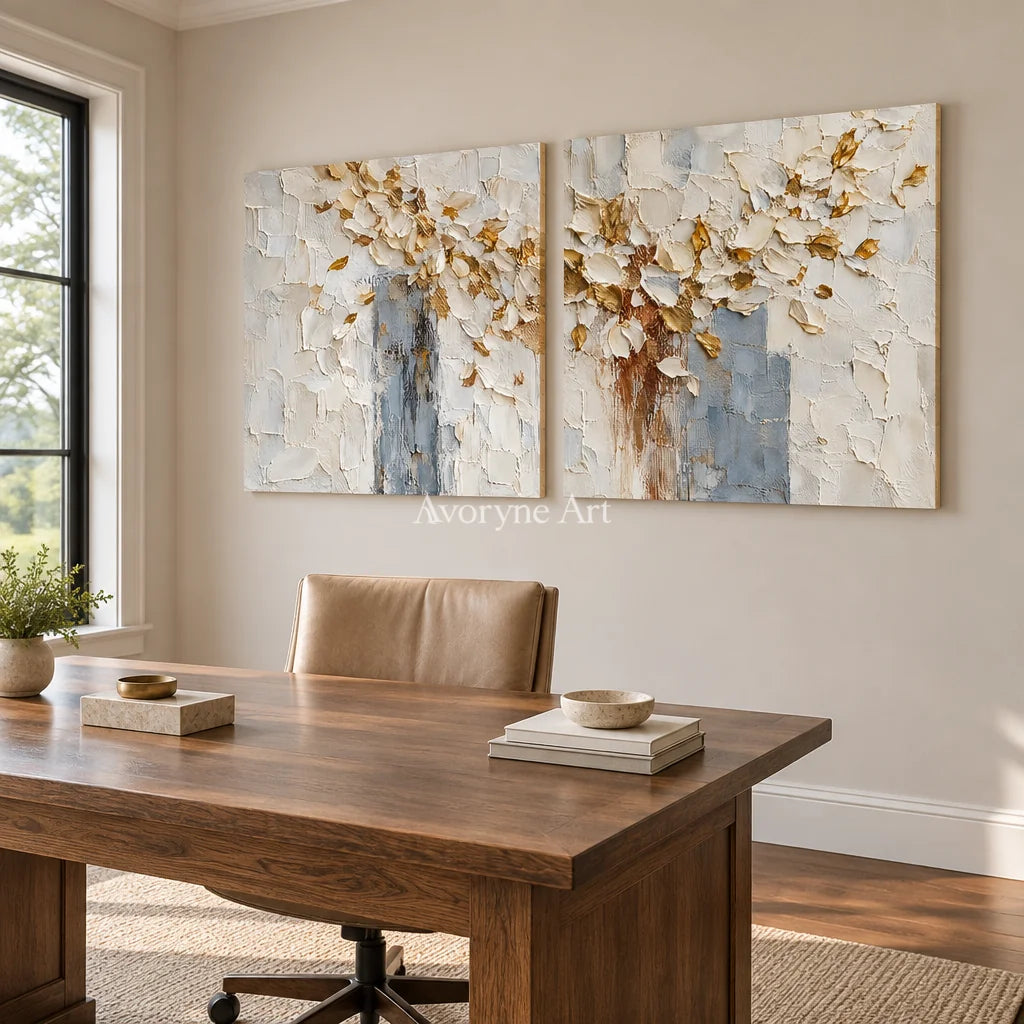 Gilded Petals: White Floral Texture Diptych — office frameless