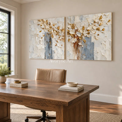 Gilded Petals: White Floral Texture Diptych — office frameless