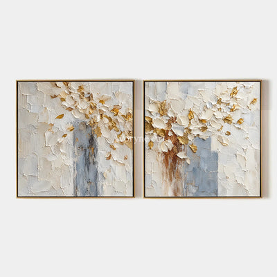Gilded Petals: White Floral Texture Diptych — primary
