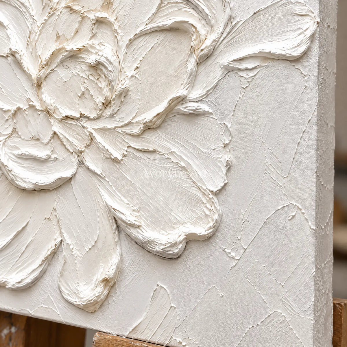 Ivory Blossom: White Floral Textured Wall Art — detail easel