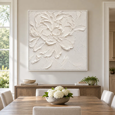 Ivory Blossom: White Floral Textured Wall Art — dining white