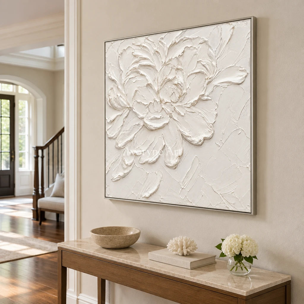 Ivory Blossom: White Floral Textured Wall Art — entry silver