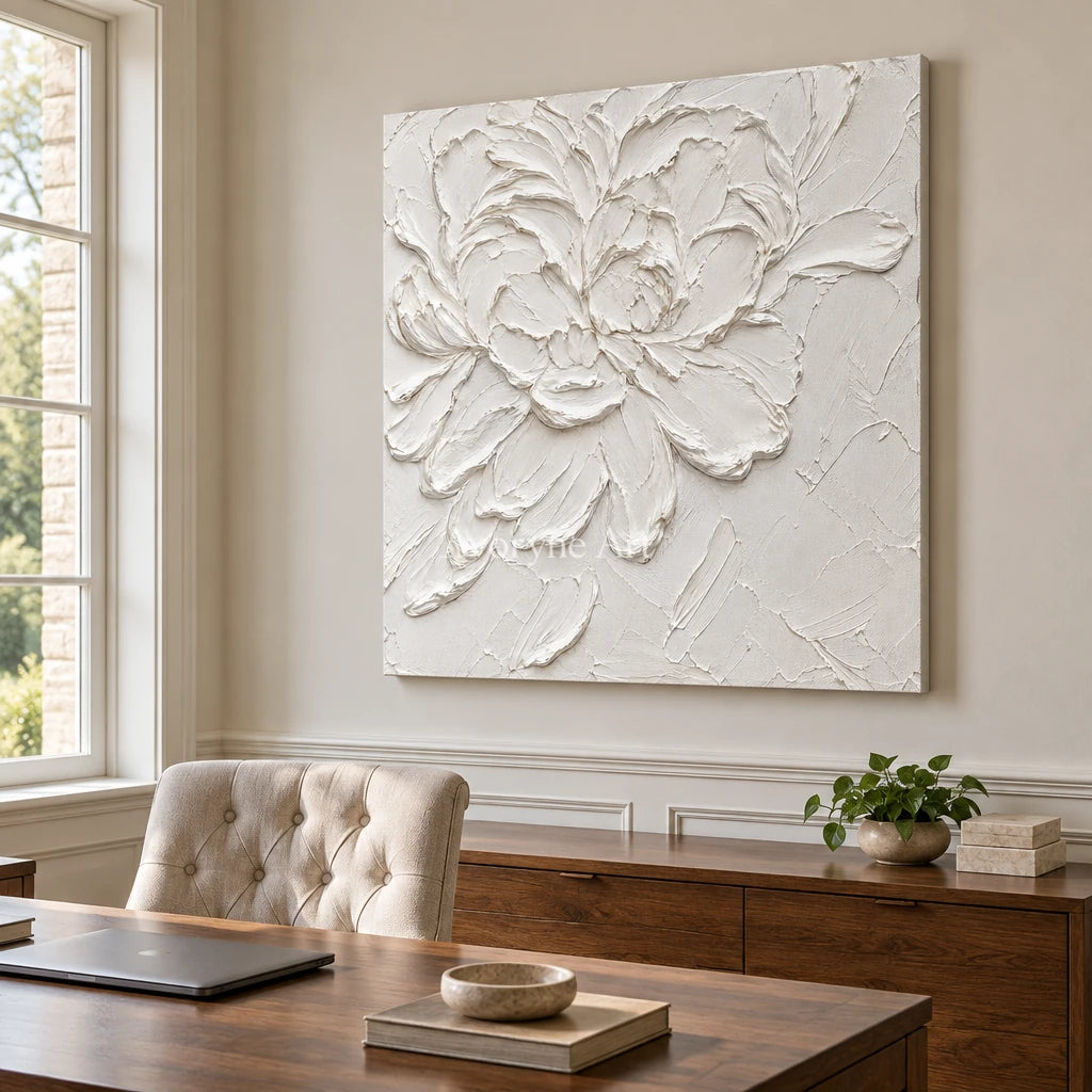 Ivory Blossom: White Floral Textured Wall Art — office frameless