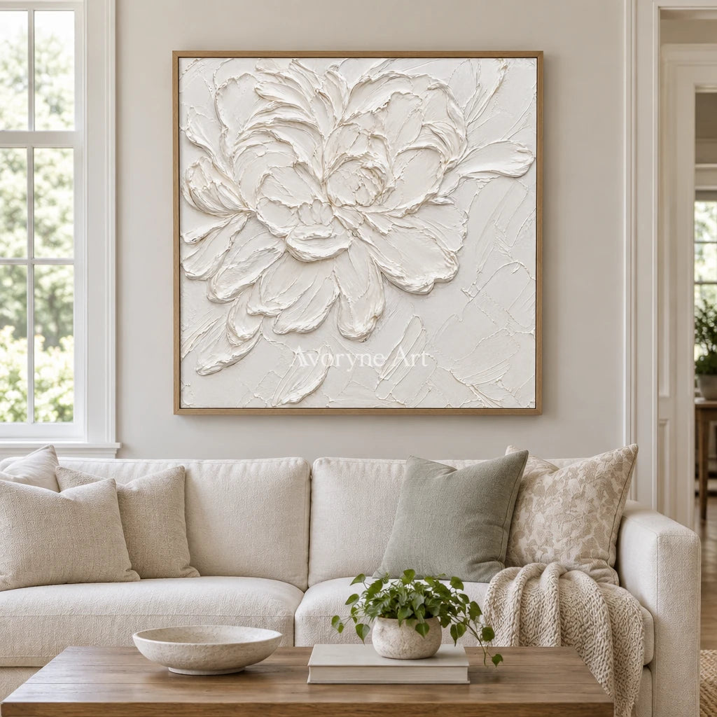 Ivory Blossom: White Floral Textured Wall Art — villa wood
