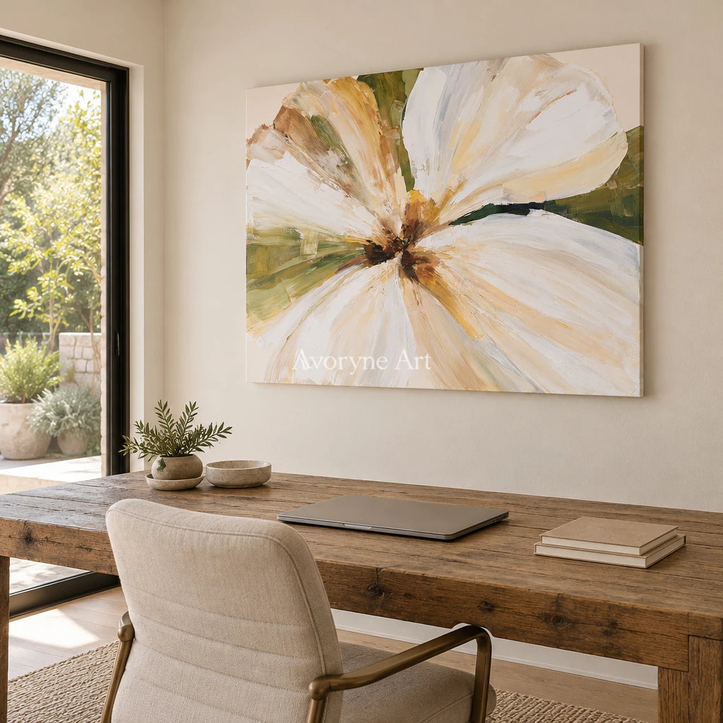 Ivory Winding Rhythm: White Flower Art — office frameless