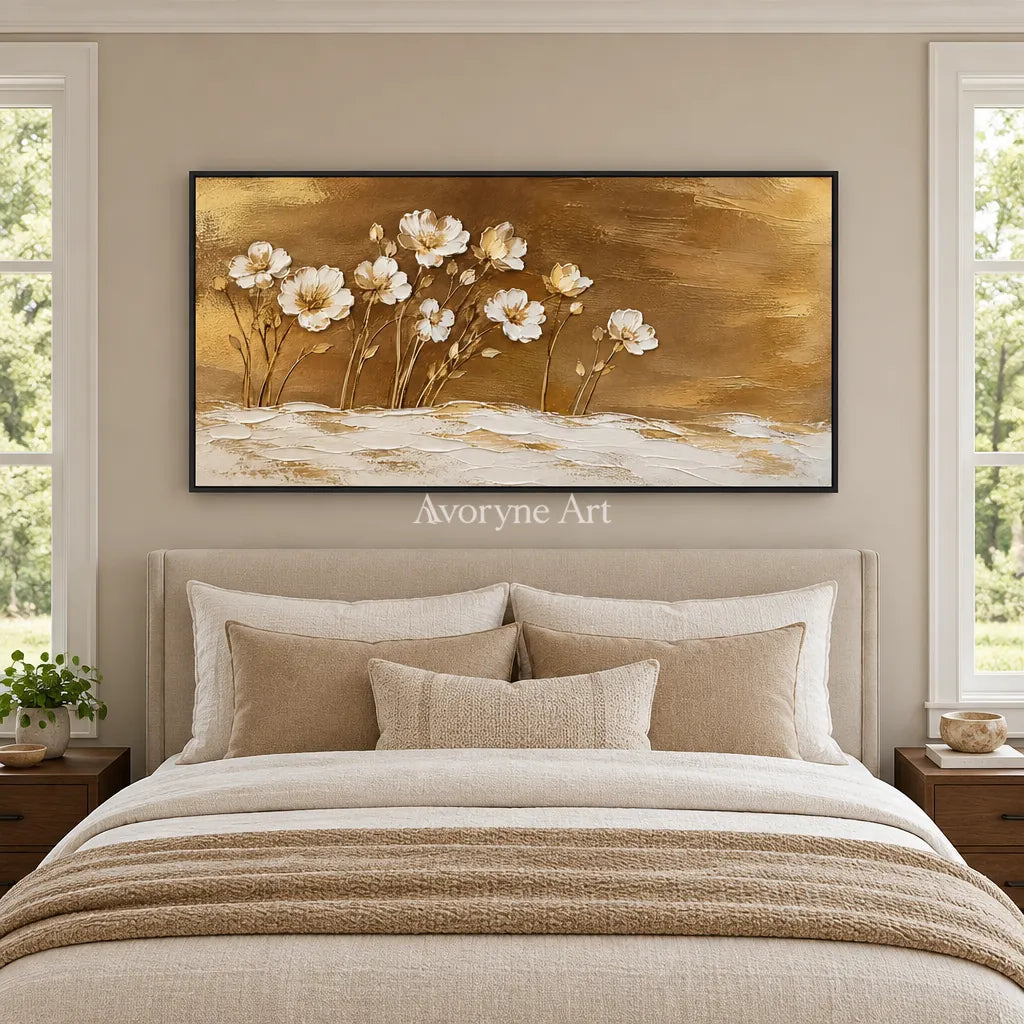 Gilded Meadow: White Flowers Gold Panoramic Art — bedroom black