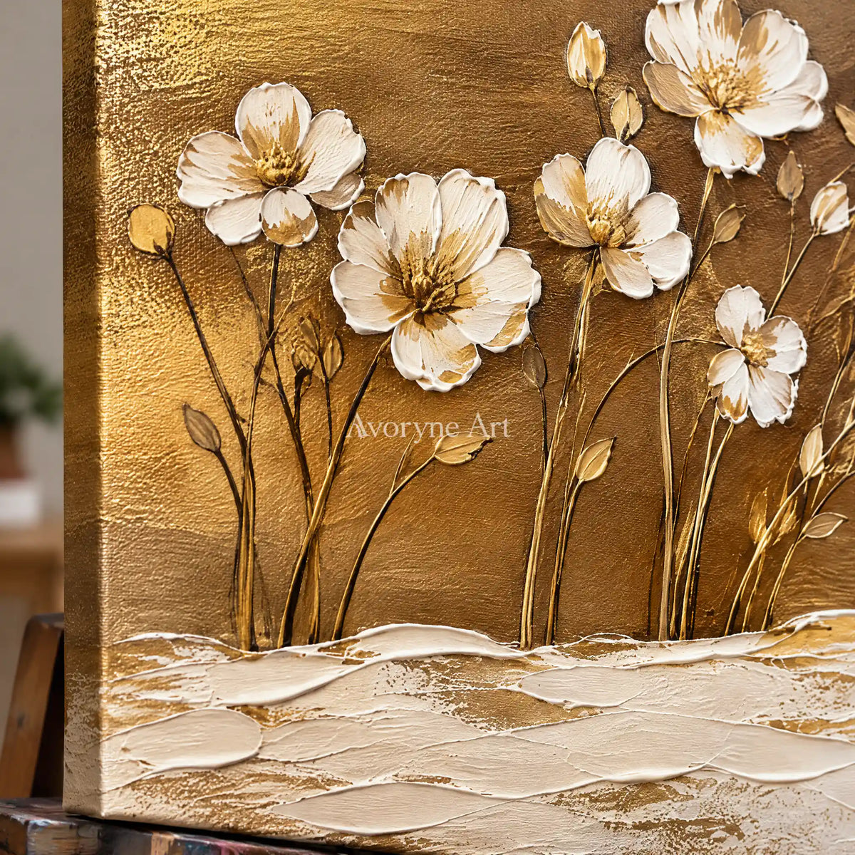 Gilded Meadow: White Flowers Gold Panoramic Art — detail easel