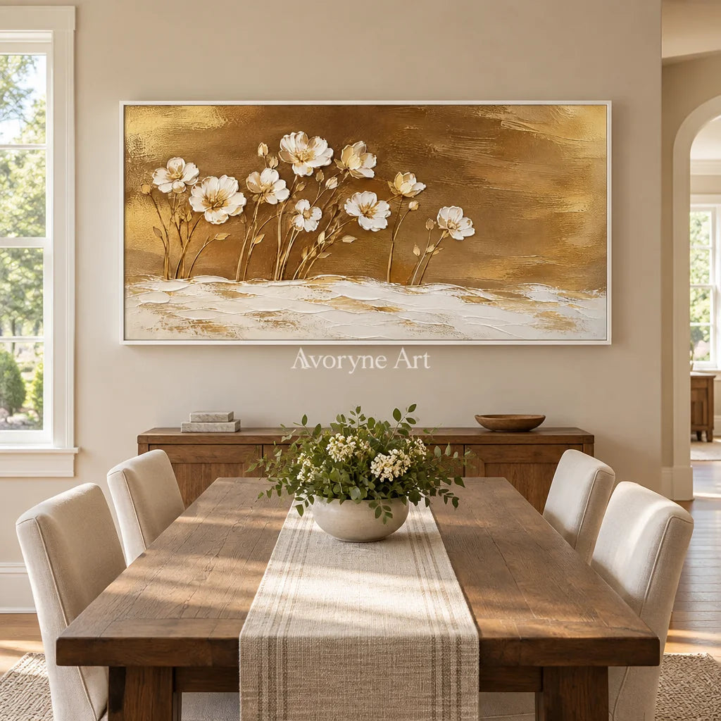 Gilded Meadow: White Flowers Gold Panoramic Art — dining white